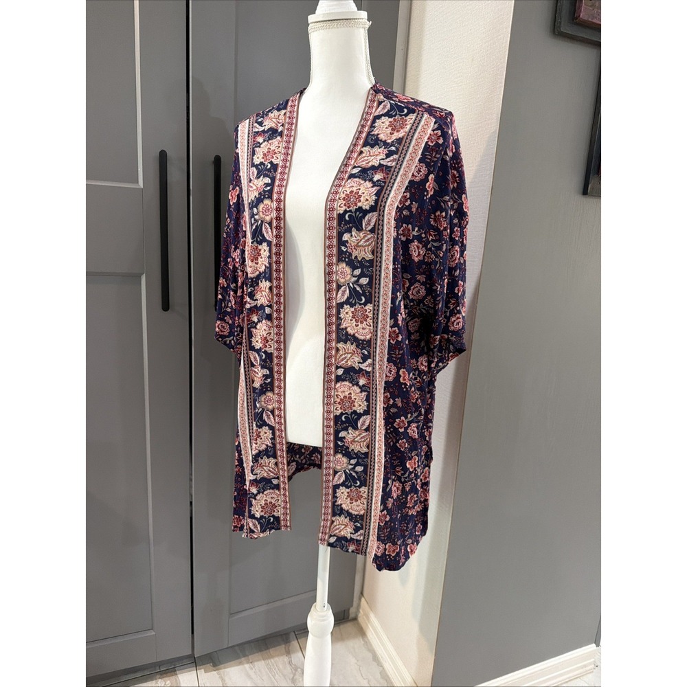 Ultra Flirt Boho Blue Red Floral Open Front Kimono Cardigan, Size L NWT $49